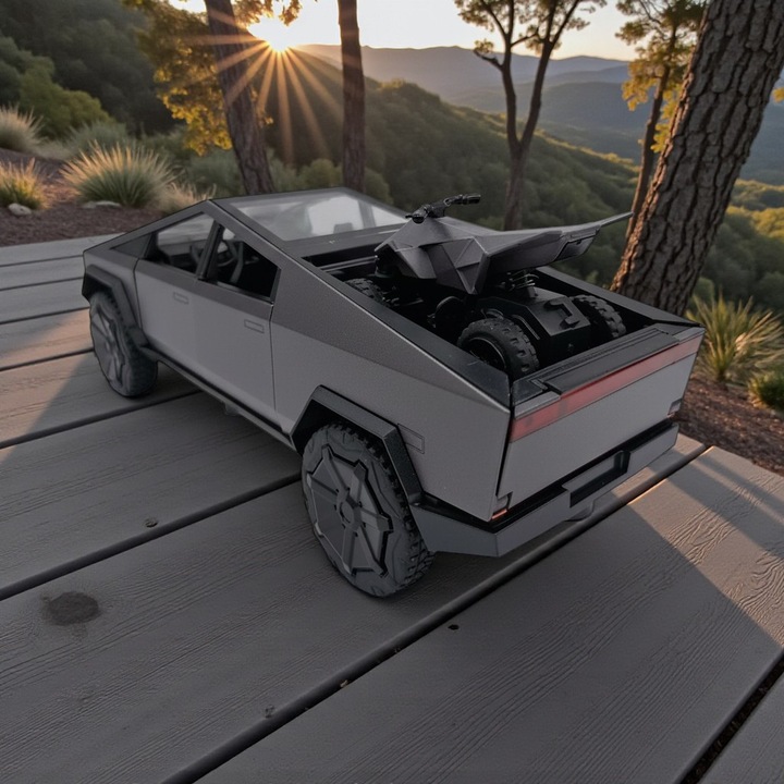 Fém autómodell Tesla Cybertruck Cyberquad ATV-vel, Matt Fekete, 1:32 méretarány, Visszahúzható, Fények és Hangok, Nyitható ajtók, Motorháztető, Csomagtartó, 18cm, VisionXXI