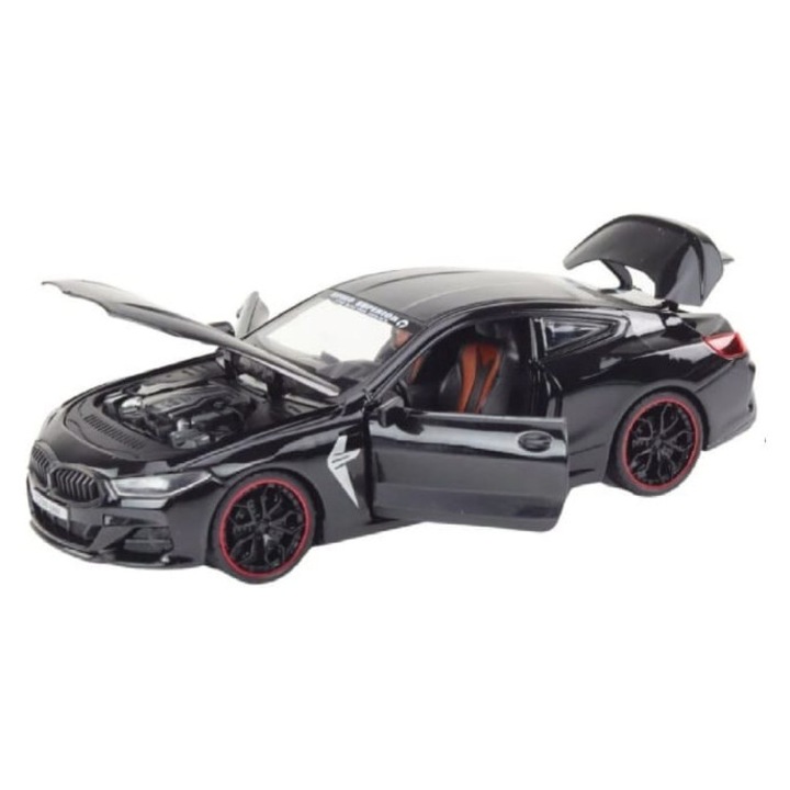 Masinuta metalica mecanica, BMW M8, scara 1:24, sunete, usi mobile, capota mobila, portbagaj mobil, negru, 22 cm