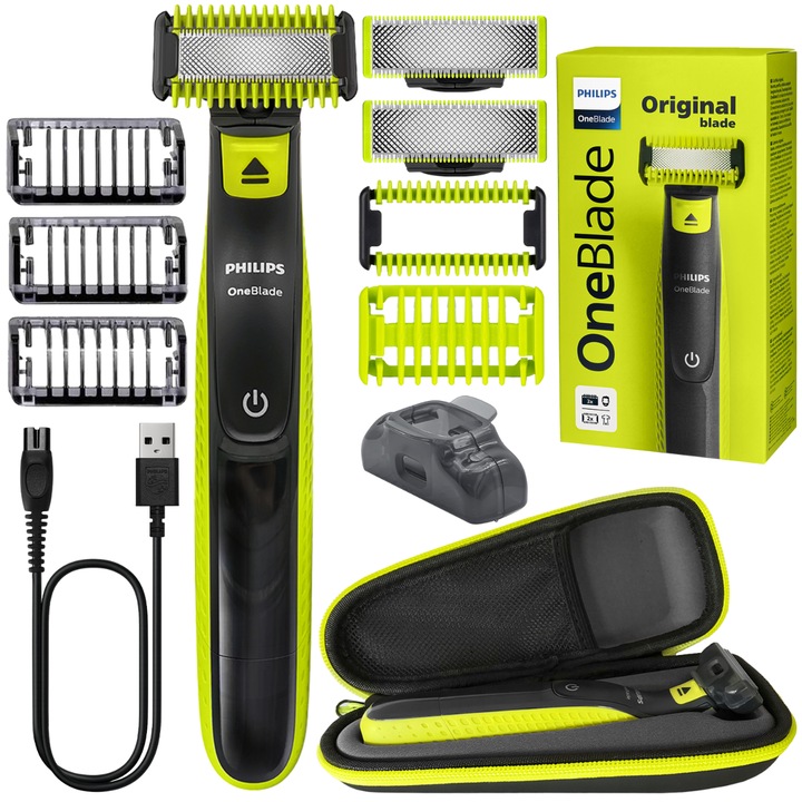 Philips OneBlade borotva QP2824/10 arcra és testre, zöld, 2 penge, 3 szakállfésű, 2 testszőrzetvágó feltét, tok, vízálló, újratölthető