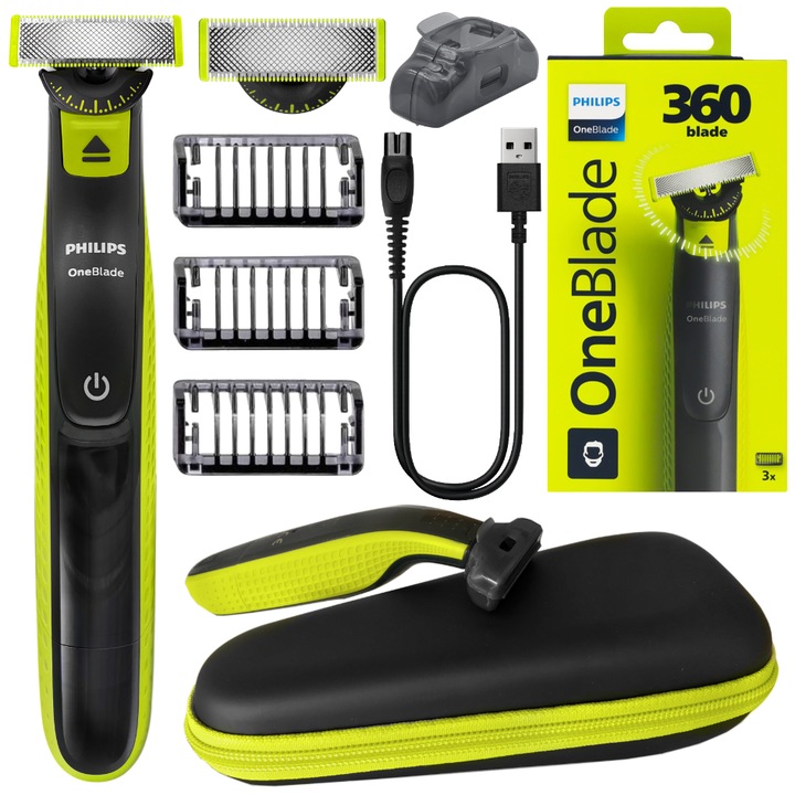 Philips OneBlade 360 QP2724/23 férfi borotva fekete zöld, 3 az 1-ben, utazótok, 3 fésű 1 mm 3 mm 5 mm, USB töltő, vízálló, arcszőrzet formázásához