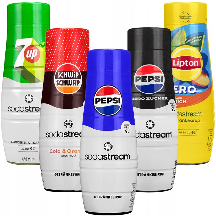 SodaStream szirup csomag 5 darab 440ml Pepsi, Pepsi Max, Lipton barack tea zero, 7UP, Schwip Schwap, szénsavas ital koncentrátum, otthoni szódagéphez