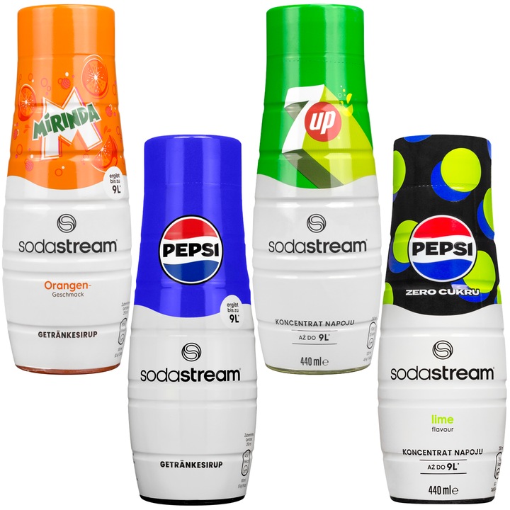 SodaStream szirup koncentrátum csomag 4x440ml Pepsi, Mirinda, 7Up, Pepsi Max Lime ízű ital alap, szénsavas vízhez, alacsony kalória