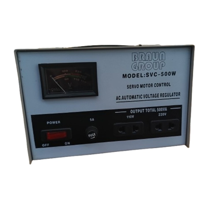 Stabilizator de tensiune Braun Group BG-EC-SVC500, cu servomotor, 500VA/500W, pentru centrale termice, carcasa metalica