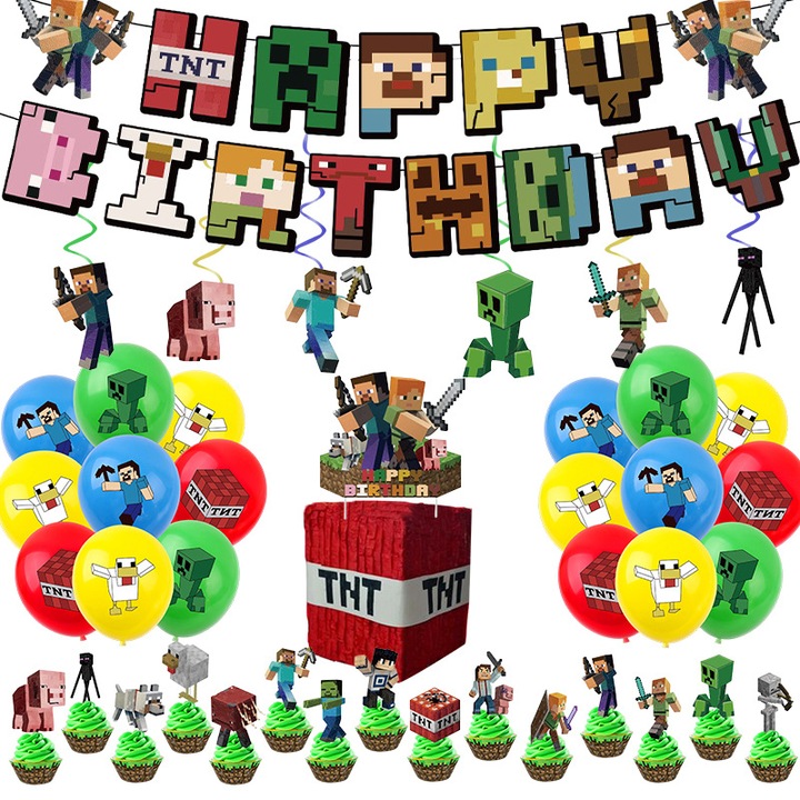Комплект парти декорации, дизайн Minecraft, 43 части, многоцветен