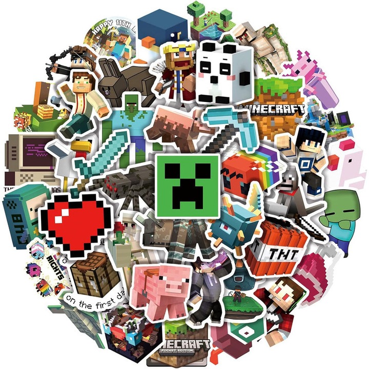 Set 100 Stickere Decorative pentru Copii, Tema Minecraft, Waterproof, Multicolor