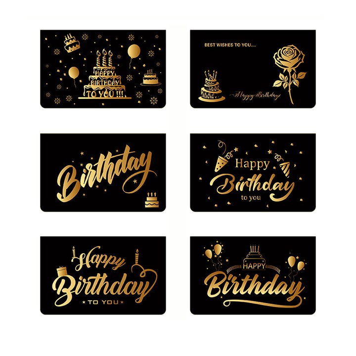 Set 6 Felicitari de ziua de nastere, BOMSTOM, Negru/Auriu, 12.4x7cm