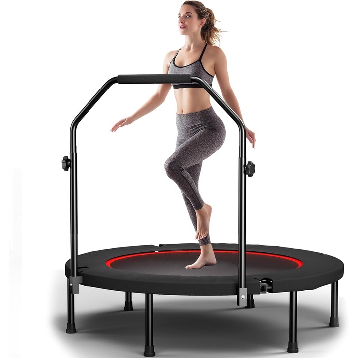 Фитнес батут, Wacorresi, Спортен фитнес батут, Сгъваем мини фитнес батут, макс. 250 кг, диаметър 40 инча, дръжка с гъба, лесен за сгъване, безшумен, стоманена рамка, кардио тренировка, домашни упражнения, черно-червен