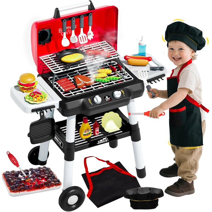 Set de joaca bucatarie pentru Copii, Wacorresi, Bucatarie multifunctionala completa pentru copii, BBQ Grill, Set de joaca pentru gatit in camping pentru gratar, Unisex, Multiple Accesorii, Legume de jucarie, Ustensile, Simulare Gatit, Rosu Negru