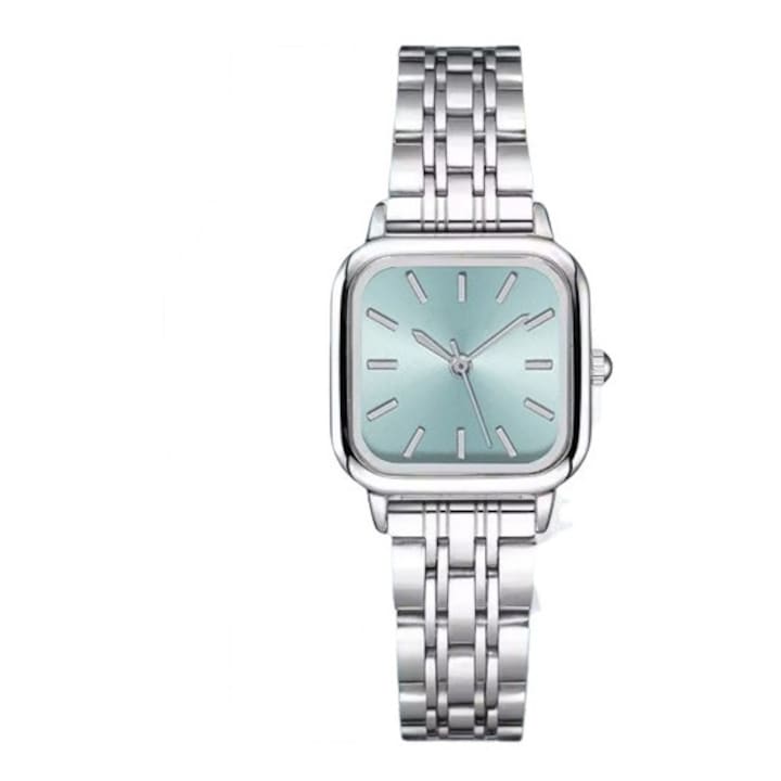 Модерни дамски кварцов часовник със щранг от неръждаема стомана и небесносин циферблат