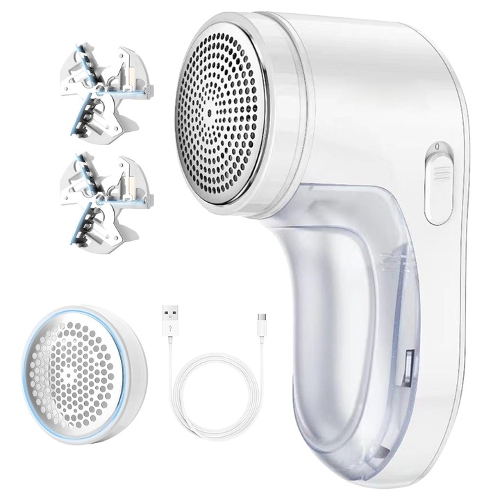 Epilator de Trici pentru Textile Reincarcabil, Epileaza Paricele de Haine si Mobilier, Cu 3 Lame Triplu Prezentate 3 Lame, Blocare de Siguranta, Elimina Bobine de Par, Viloase si Micute Bobine Alb