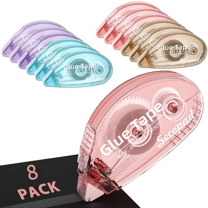 Set 8 Role de Adheziv Dublu Facut pentru Scrapbooking, Rotola de Cola, Potrivit pentru Manualitati/Agende, Ideal pentru Copii si Adulti