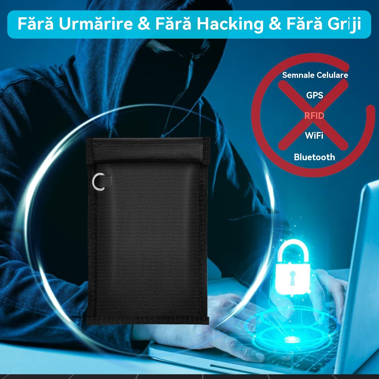 Genti Simket Faraday pentru telefoane si chei de masina, pachet de 2, husa de blocare a semnalului, blocare a semnalului telefonului mobil, cheie de masina/WiFi/RFID/blocare semnal GPS negru m