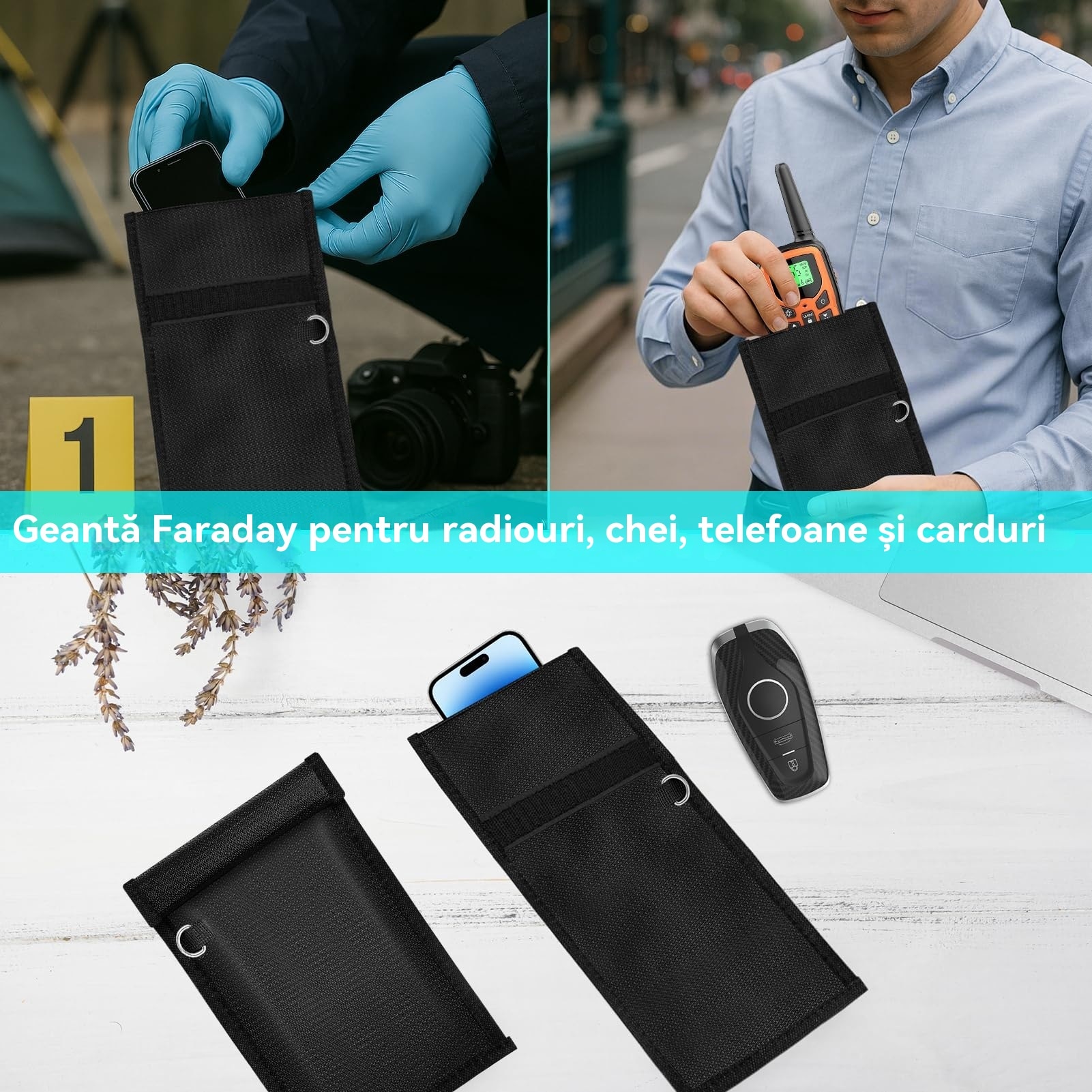 Genti Simket Faraday pentru telefoane si chei de masina, pachet de 2, husa de blocare a semnalului, blocare a semnalului telefonului mobil, cheie de masina/WiFi/RFID/blocare semnal GPS negru m