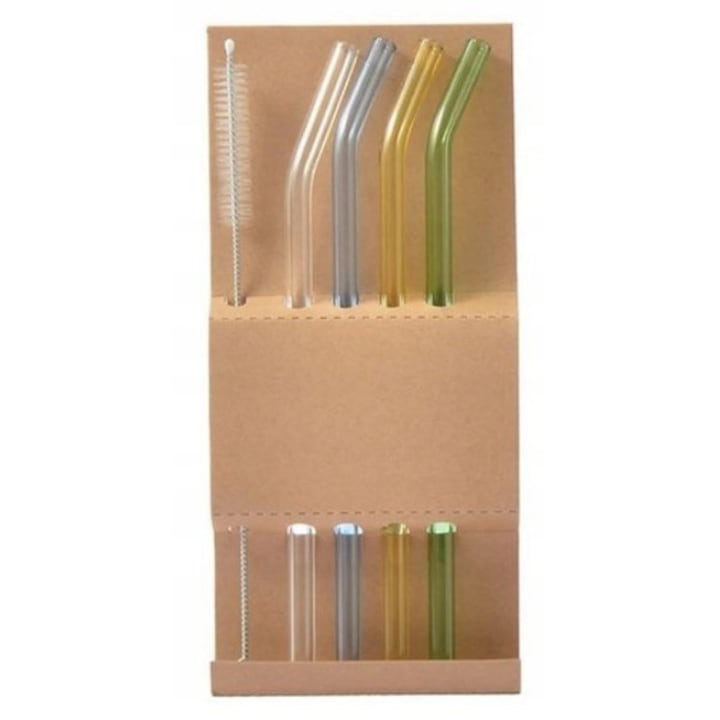 Комплект от 4 цветни стъклени сламки с четка, многократна употреба, 20 см, екологични