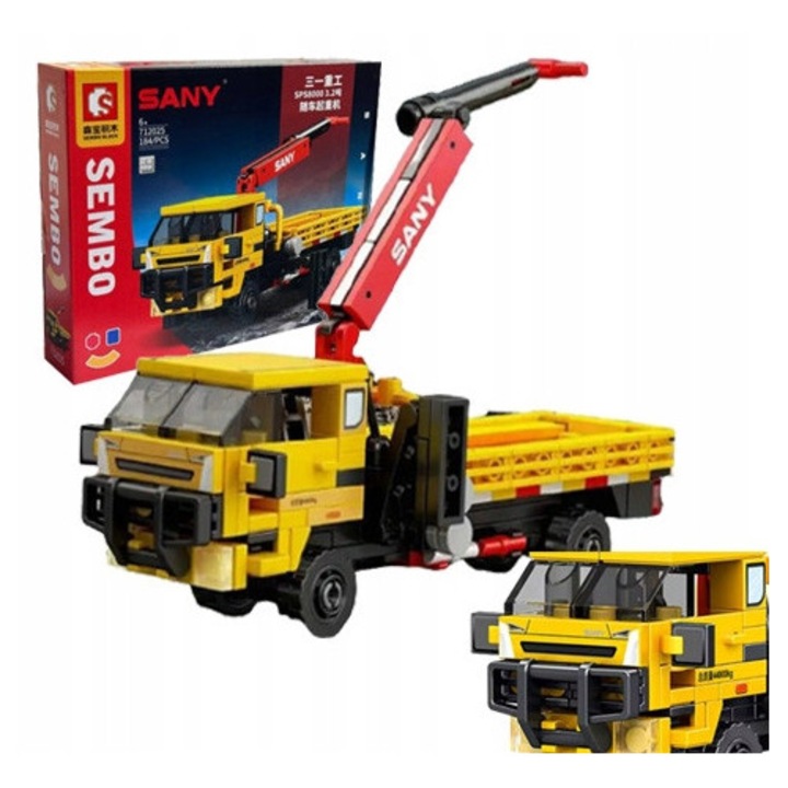 Set de constructie Camion cu HDS, Vehicul de Santier, 184 piese detaliate, Blocuri asamblare Jucarie Educativa, Dezvolta Creativitatea, Perfect pentru Copii 6+ ani, Galben, Cadou Ideal