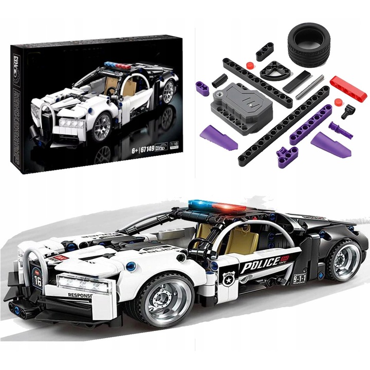 Set de constructie Masina Sportiva de Politie, model detaliat Bugatti, 410 piese, cu usi si directie mobile, compatibil cu blocuri populare, alb-negru, pentru dezvoltarea creativitatii, cadou ideal pentru copii 6+, dimensiuni 25x10x7cm