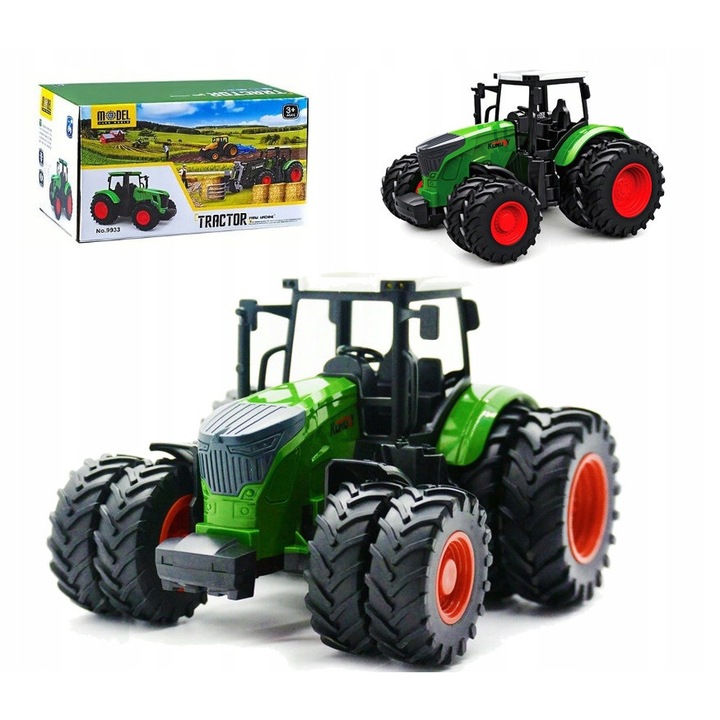 Tractor agricol verde cu roti duble, jucarie pentru copii cu design realist, vehicul de ferma ideal pentru joaca interactiva si dezvoltarea imaginatiei