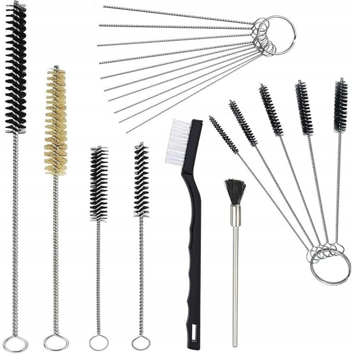17 darabos tisztítóeszköz készlet, fém/nylon, furatok és szűk helyek tisztítására