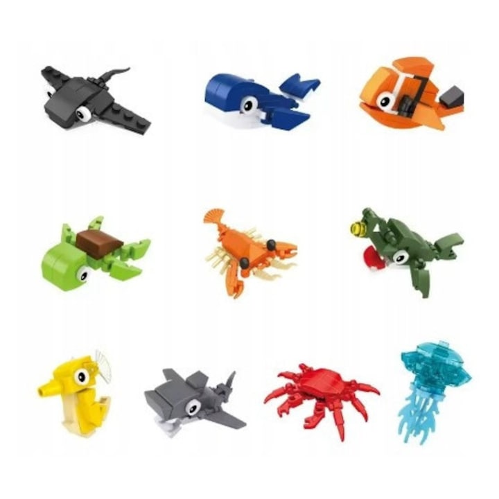 Set 10 pachete blocuri constructie SinPi Creaturi Marine, animale acvatice colorate, jucarie educativa detaliata pentru copii 6 ani+, stimuleaza imaginatia, cadou perfect, multicolor