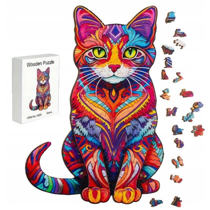 Színes fa puzzle, SinPi, 130 darabos készlet, macska motívum, L méret (A3), többszínű