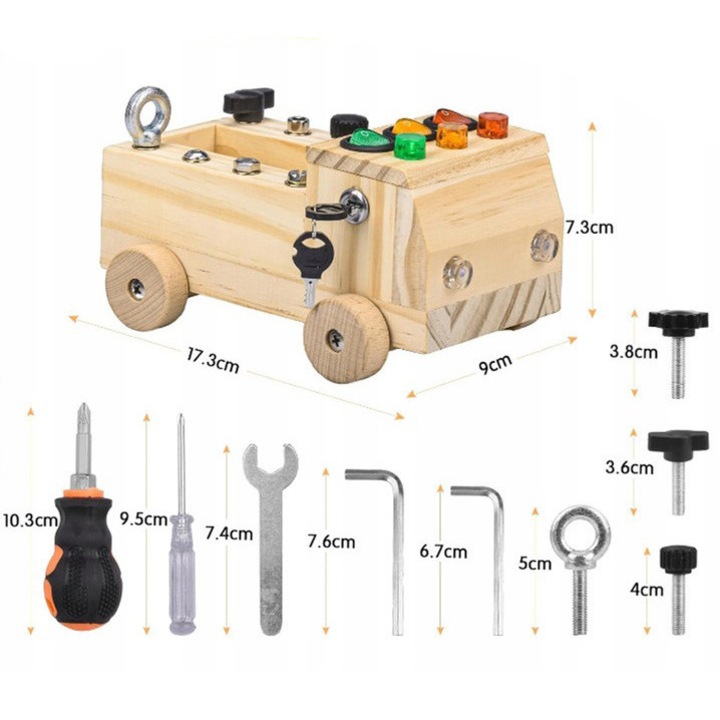 Fajáték autó, SinPi, oktató készlet, Montessori típusú, 8 szerszám, 7,3x9x17,3cm