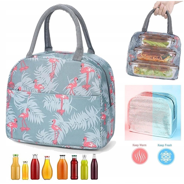 Изолирана термо чанта за обяд, SinPi, дизайн фламинго, вместимост 5,5л, 19,5x25x13,5см