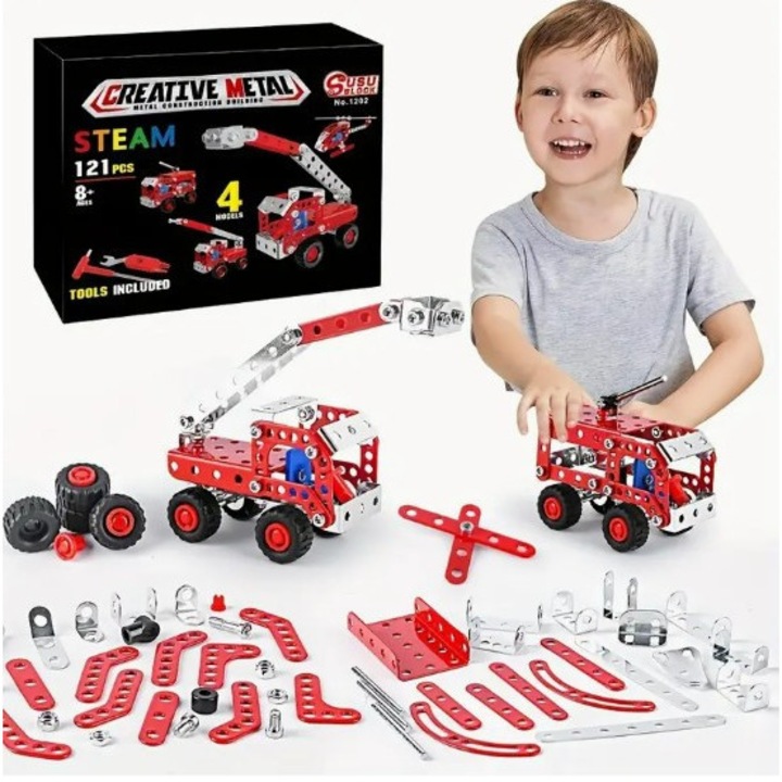 Set Constructie SinPi Masini Pompieri Metal 121 Elemente Rosu, 4 in 1 Modele, Caramizi Creative, Joc Educativ pentru Dezvoltarea Abilitatilor si Imaginatiei