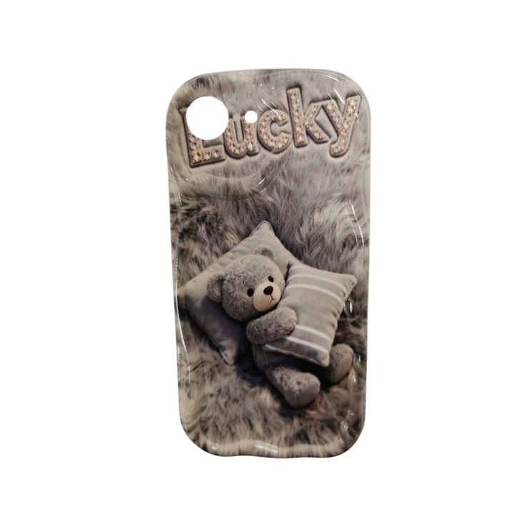 Husa telefon cu design 3D, ursulet, pentru iPhone 16e, durabila, din silicon, protectii butoane, margini ridicate, Crem