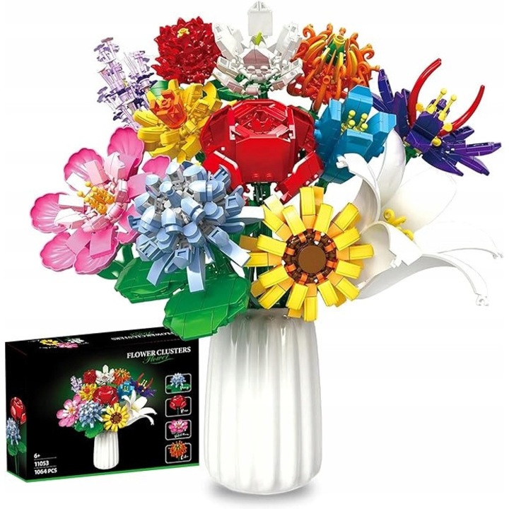 Set de Constructie SinPi, Buchet Floral Multiclor din Caramizi, 1064 Piese, Joc Creativ Educativ pentru Copii 6+ si Adulti, Decoratiune Moderna pentru Casa sau Birou, Cadou Ideal, cu Instructiuni