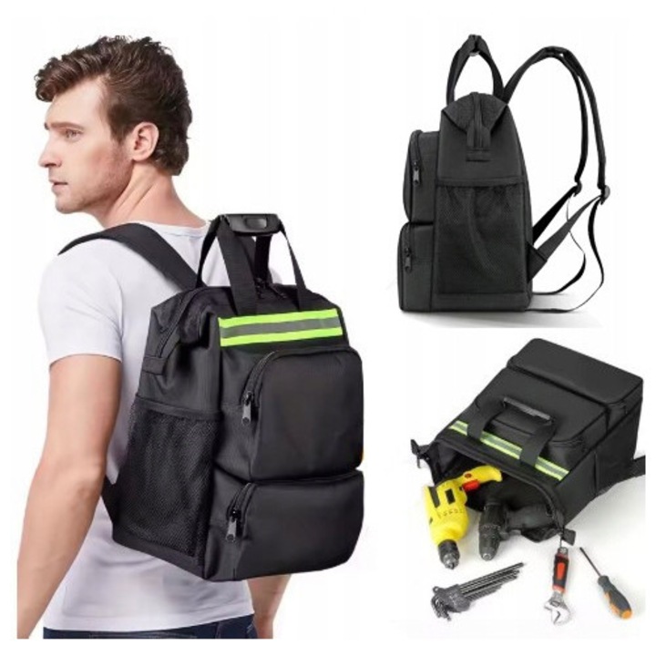 Rucsac pentru unelte SinPi, negru, impermeabil, cu multe compartimente, banda reflectorizanta