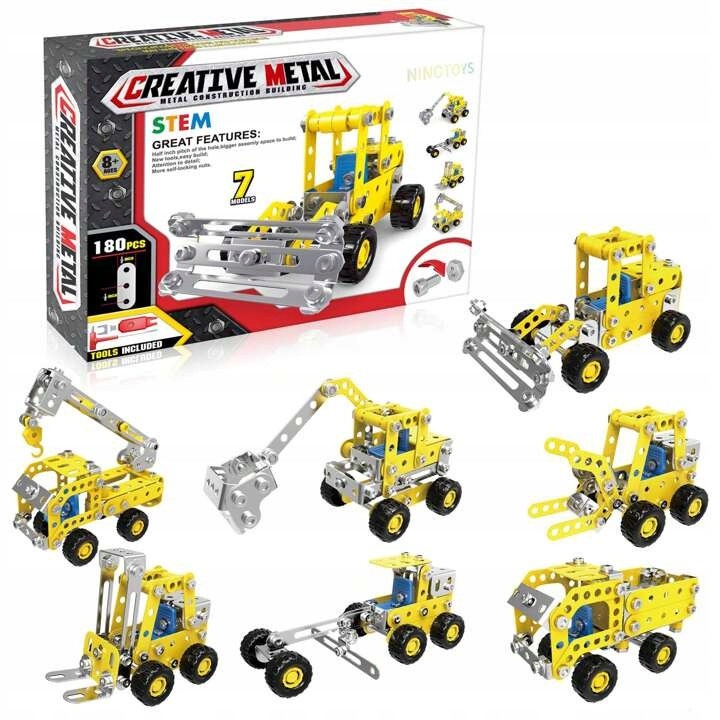 Set de Constructie Metalic SinPi, 180 Elemente, Jucarie Educativa Vehicule de Santier, Masini Galbene Asamblabile 7 in 1 cu Piese Mobile pentru Dezvoltarea Creativitatii si Abilitatilor Tehnice, Cadou Ideal pentru Copii 8+ Ani