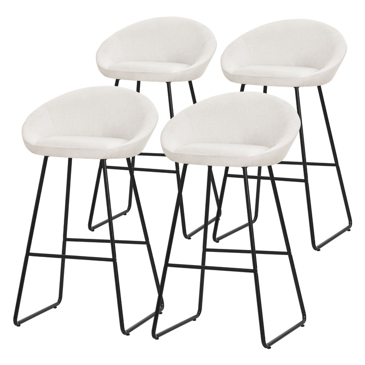 4x bárszék, magas hocker, ML-Design szövet huzattal, bézs színben, 75 cm magasságú, háttámlával és lábtartóval, modern fém szerkezet konyhába, bisztró bár bútor