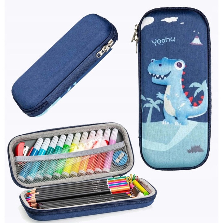 Piornic scolar 3D cu dinozaur, SinPi, 22x10x4cm, unic, cu compartiment suplimentar