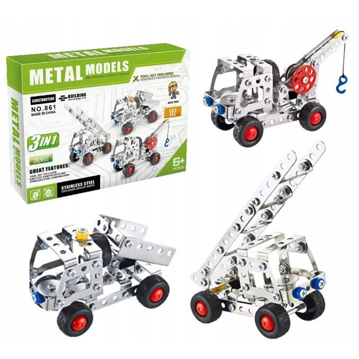 Set de constructie metalic SinPi, 137 piese, vehicul tehnic argintiu, model 3 in 1 interactiv, pentru dezvoltarea creativitatii, jucarie educativa STEM, asamblare manuala, dimensiuni 24.5x4x18cm