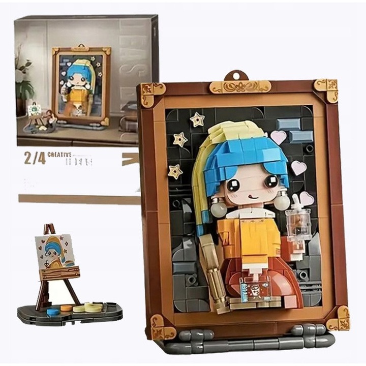 Set de constructie SinPi, Puzzle 3D Dama cu Perla, 676 piese multicolore, tablou replica de Johannes Vermeer, cadou educativ pentru copii 6+ ani si adulti, decoratiune artistica, asamblare DIY