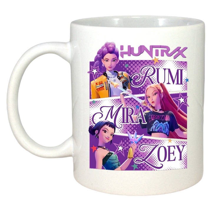 Cana K-Pop Hunters Demon Huntrix Poster Cu Nume Rumi Mira Zoey, Aniversare, Sarbatori, Cadou, Secret Santa, Cri-Flo, Culoare Alb, 330 Ml