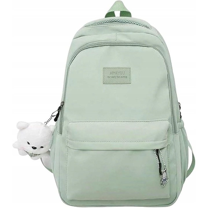 Iskolatáska fiataloknak, SinPi, menta, 46x32x14cm, maci kulcstartóval, vízálló