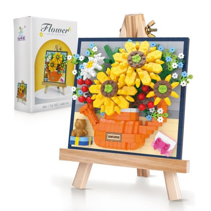 Set de constructie SinPi model Tablou Floarea Soarelui Van Gogh, 733 piese, kit mozaic educativ pentru dezvoltarea creativitatii, decor artistic casa si birou, cadou perfect, instructiuni simple, include sevalet, multicolor