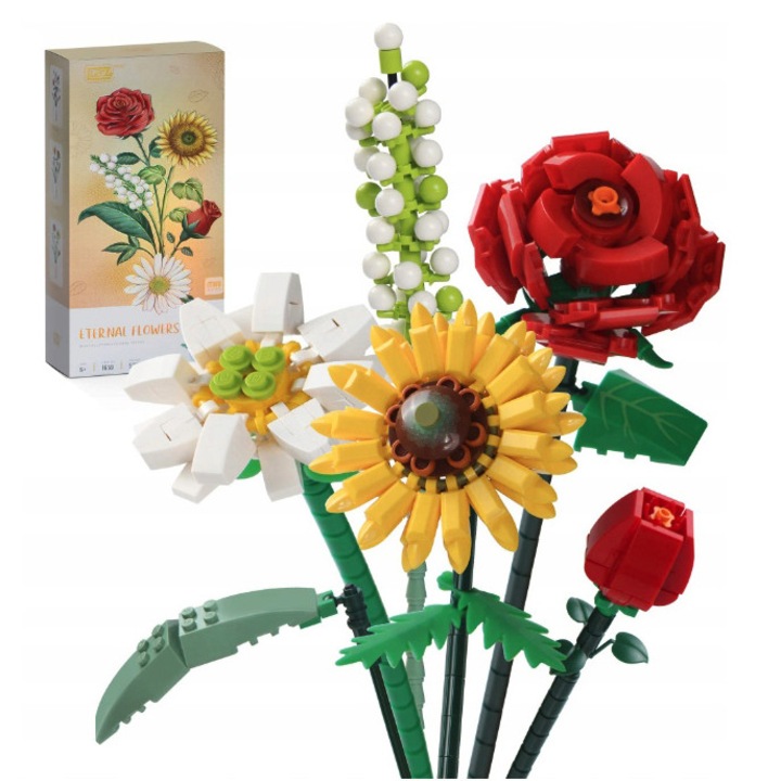 Set de constructie SinPi cu flori multicolore din caramizi, 1659 piese, buchet decorativ DIY pentru vaza, cadou ideal, dezvolta creativitatea si imaginatia, model realist