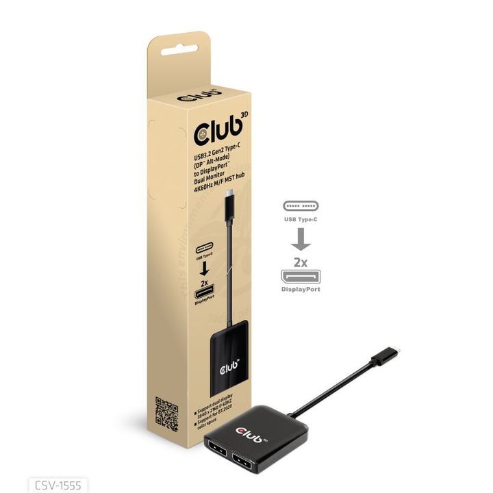 Club3D USB3.2 Gen2 Type-C to DisplayPort Átalakító Kábel, 2xDisplayPort, Ultra HD 4K, Fekete