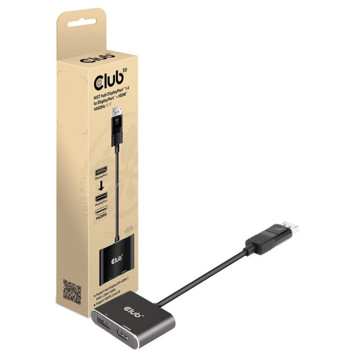 Club3D MST хъб конвертор DisplayPort 1.4 - DisplayPort + HDMI 4K60Hz, черен