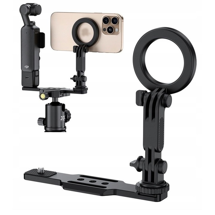 Placa de montare, JJC, HG-CS1, aluminiu, pentru DJI Osmo Pocket 3, suport magnetic MagSafe, reglare unghi 180°, suport GoPro cu 3 pini, filet 3 x 1/4" (mama), filet 1 x 1/4" (mascul), sina Arca-Swiss, suport ISO, setul include: suport MagSafe
