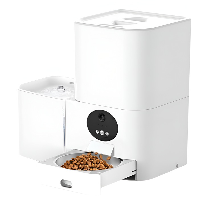 Adamcali 2 az 1-ben Intelligens Kisállat Etető és Itató, Telefonos Alkalmazással, 3 Literes Víz és 5 Literes Élelmiszer Kapacitással, LED Figyelmeztetéssel, Etetési Jelentéssel és Mikrofonnal, Kutyáknak és Macskáknak, Fehér