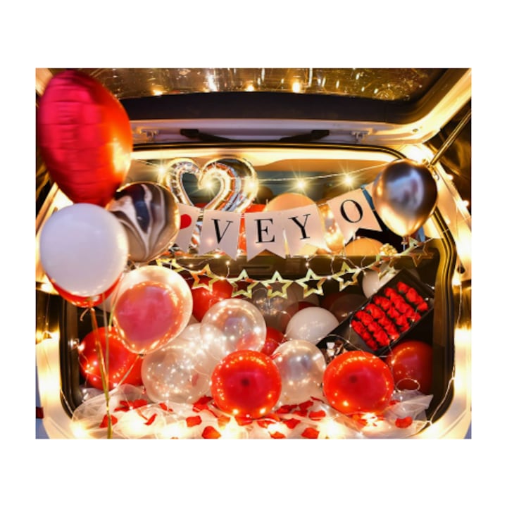 Születésnap, lánykérés, évfordulós dekorációs lufi szett, autó csomagtartó meglepetés dekoráció, F stílus