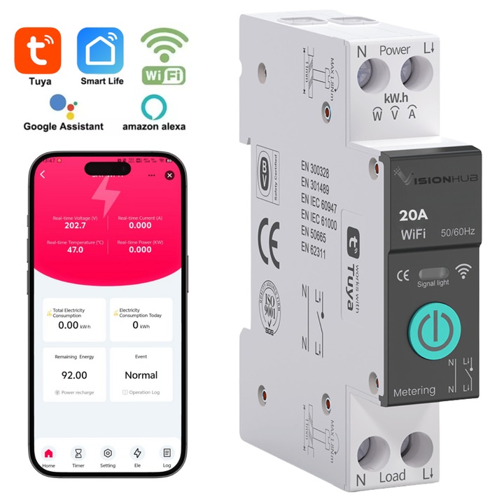 Siguranta Inteligenta Smart - WiFi cu Contor Energie, 20A – Monitorizare Consum, Control de la Distanta, VisionHub®, Programare inteligenta, Smart Life / Tuya, Compatibil Alexa & Google Home, Montaj pe Sina DIN