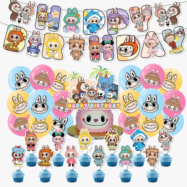 A Labubu születésnapi parti dekorációs készlet tartalmaz 1 készlet papírzászlókat, 12 kis zászlót, 1 nagy zászlót és 18 lufit