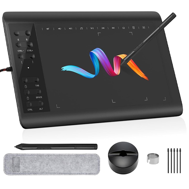 Tableta de Desen, Omelivon, 10 x 6 inchi cu Stilou, 8192 Niveluri Presiune, 12 Taste Rapide, Pen-Stand, 8 Varfuri Rezerva, Compatibil PC/Mac/Android, pentru Desen, Proiectare si Predare Online, Negru