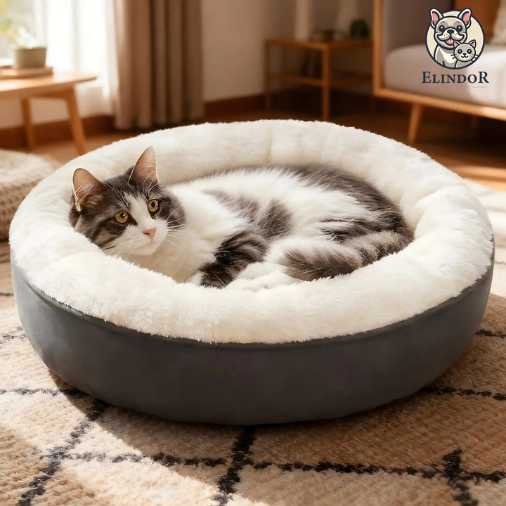 Elindor®️ csúszásgátló alapú macska- és kutyaágy, kerek ágy puha párnával, csúszásmentes, kényelmes anyag, könnyen mosható, ideális minden évszakban beltéri használatra, kis és közepes testű állatok fekhelye, 50 x 50 x 15 cm, szürke / fehér