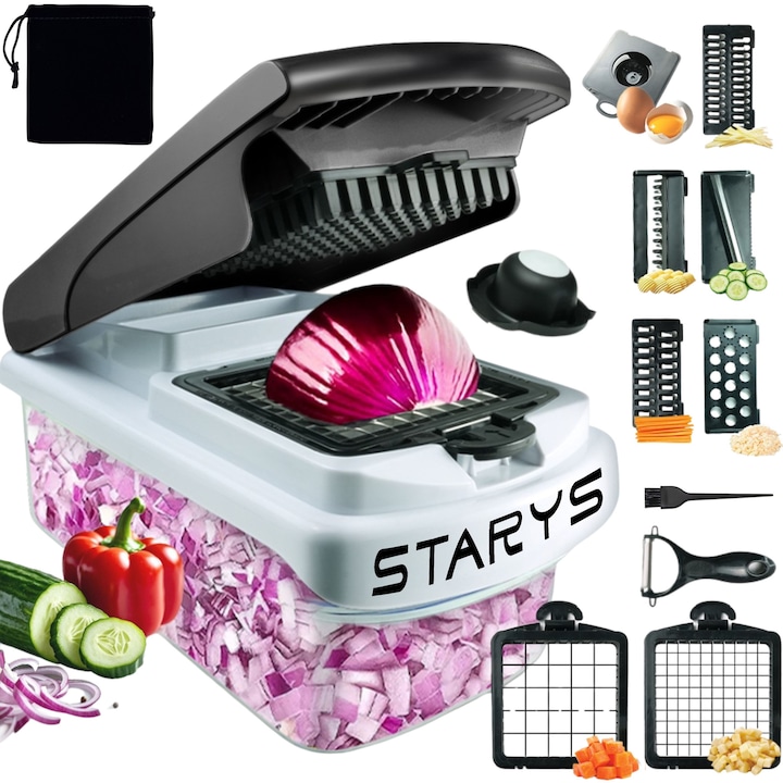 Tocator de Legume Profesional 7 in 1 STARYS®, Feliator Multifunctional, 7 Lame Otel Inoxidabil + Ustensile de Bucatarie si Accesorii de Siguranta Incluse + Husa Protectie, Rezistenta si Durabilitate Ridicate, Negru