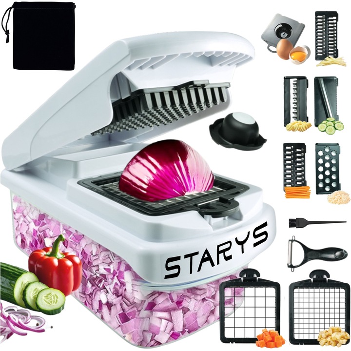 Tocator de Legume Profesional 7 in 1 STARYS®, Feliator Multifunctional, 7 Lame Otel Inoxidabil + Ustensile de Bucatarie si Accesorii de Siguranta Incluse + Husa Protectie, Rezistenta si Durabilitate Ridicate, Alb
